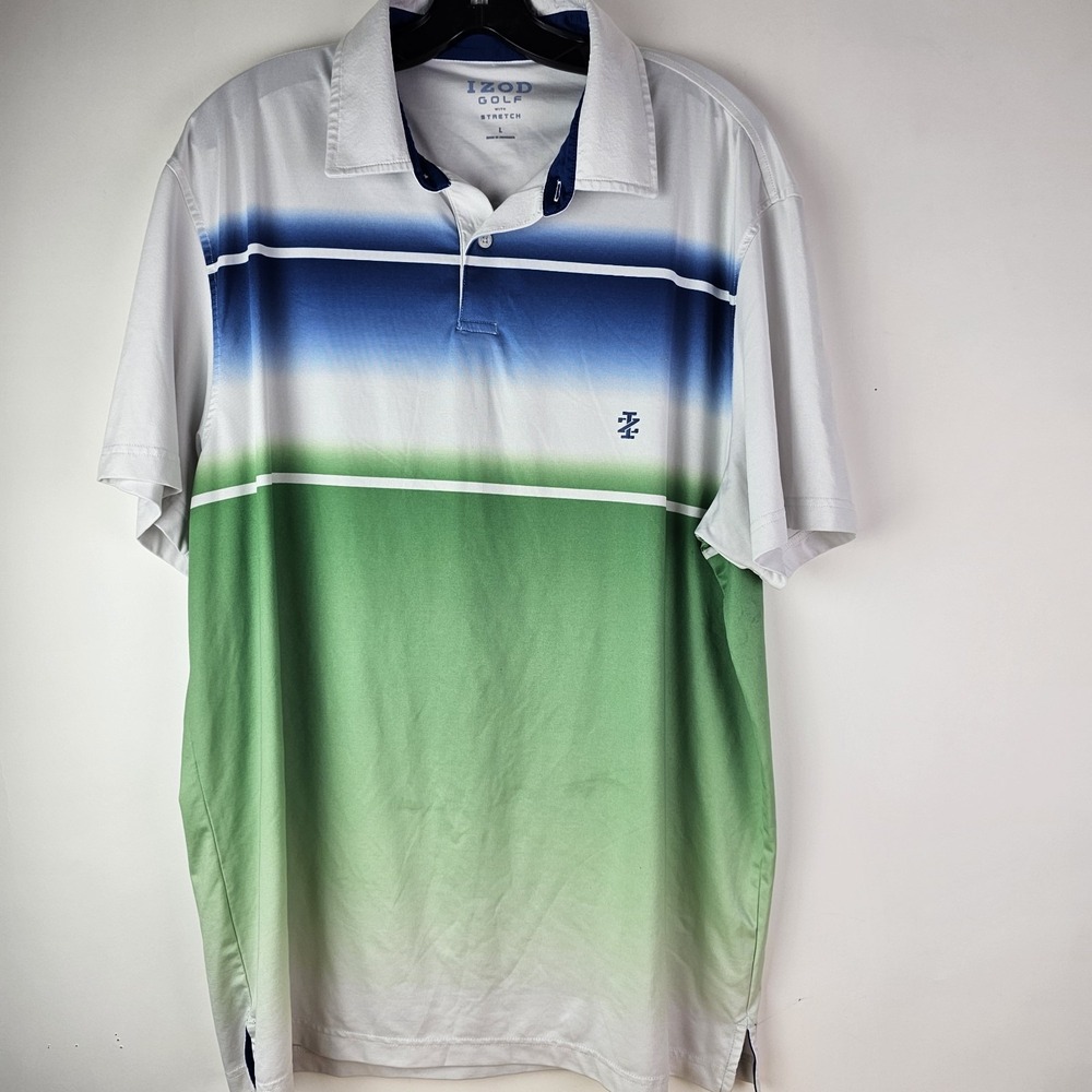 IZOD GOLF Polo Mens Large Shirt Short Sleeve‎ Blue Green White Stretch *Read